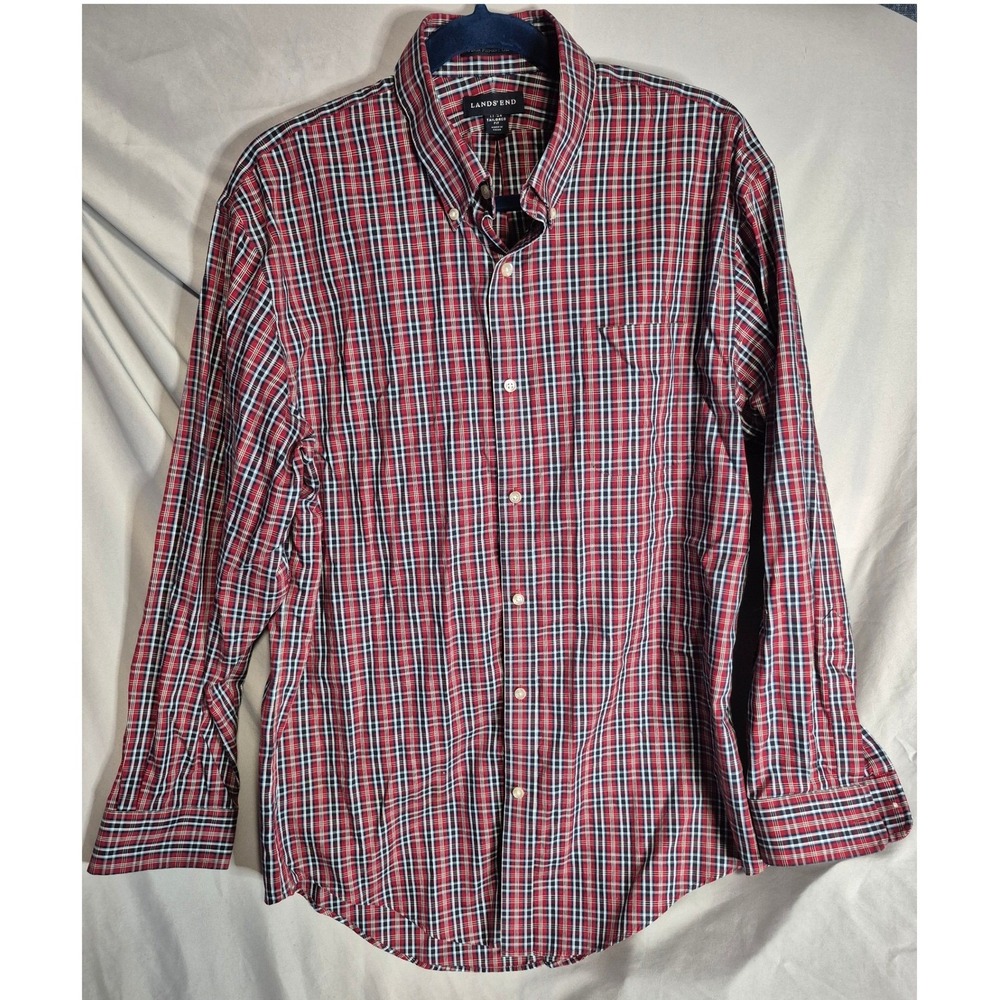 Lands' End Mens Tailored Fit Plaid Button Down Long Sleeve Shirt Casual 17 34